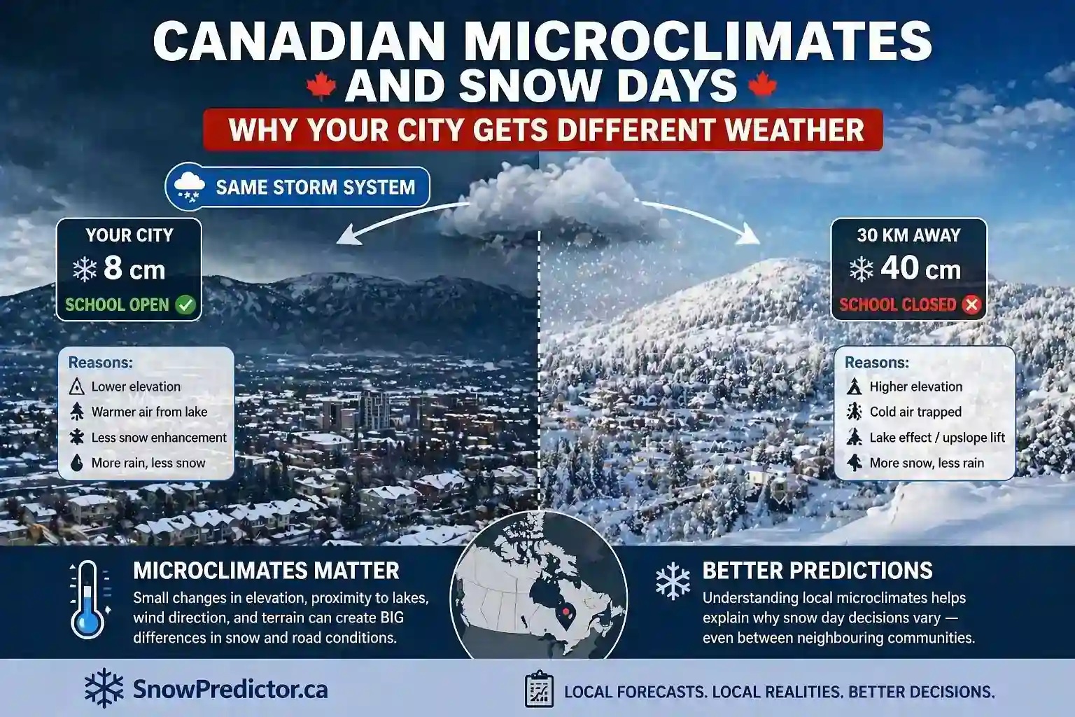 Canadian microclimates graphic showing different snowfall in nearby cities