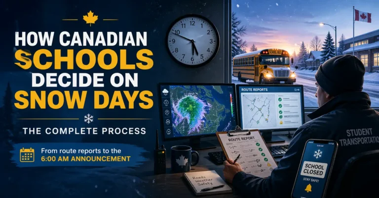 What time Canadian schools announce snow day closures, featuring a school bus, clock, Canada map, and school closure alert.