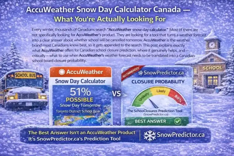 AccuWeather snow day calculator Canada comparison graphic with school bus and SnowPredictor.ca prediction tool