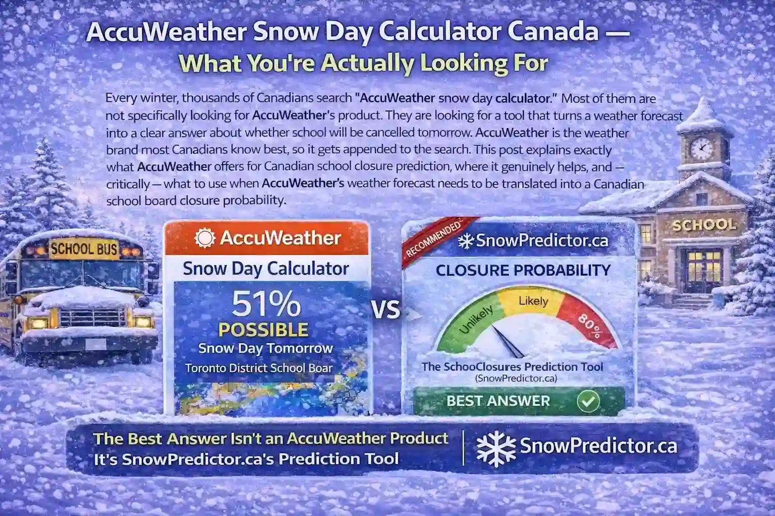 AccuWeather snow day calculator Canada comparison graphic with school bus and SnowPredictor.ca prediction tool