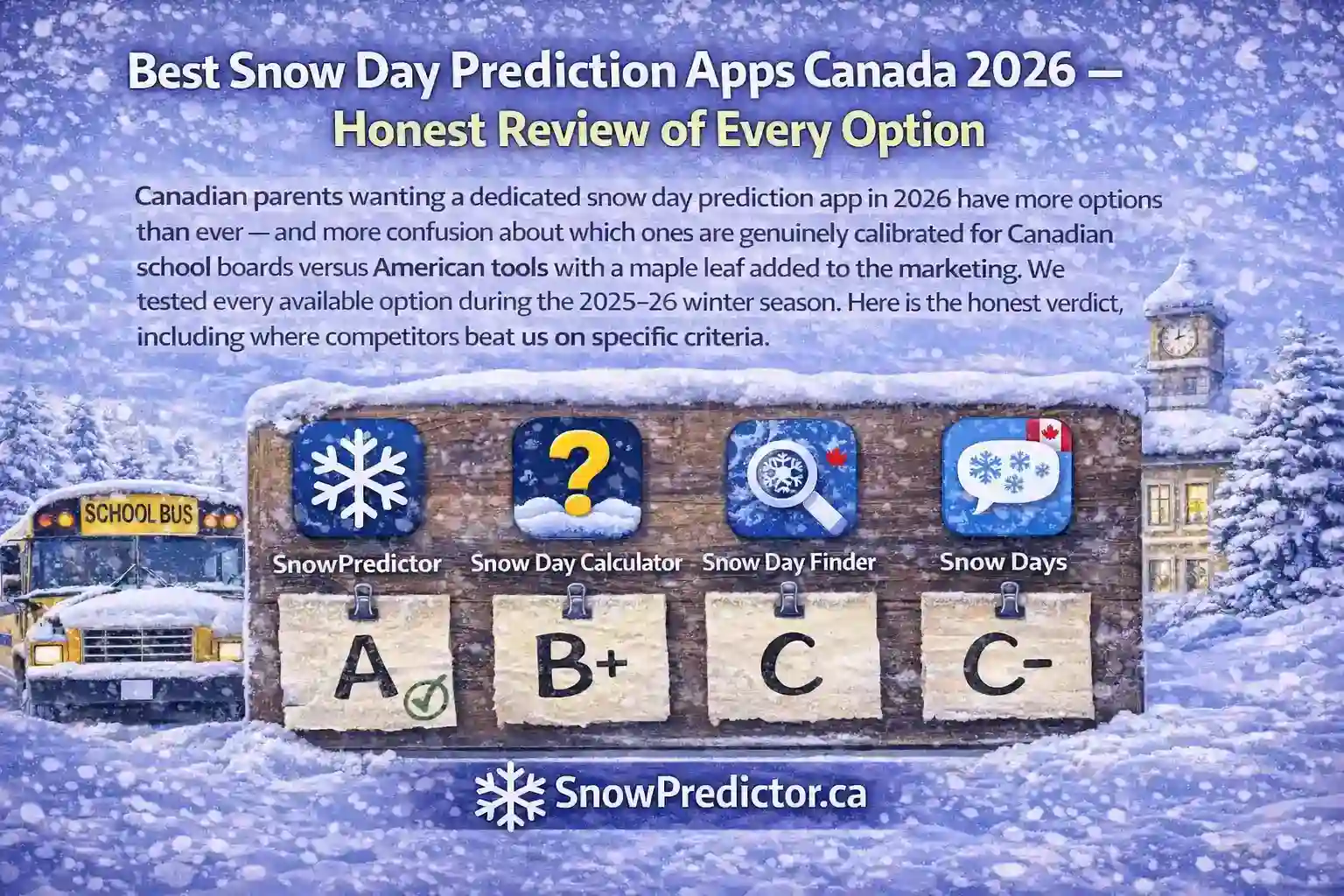 Best snow day prediction apps Canada 2026 graphic with app ratings and school bus