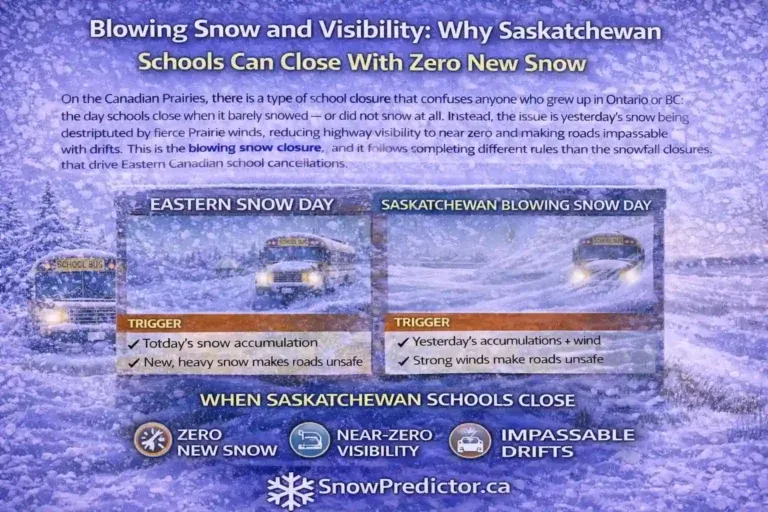 Saskatchewan blowing snow closure graphic with school buses and visibility warning