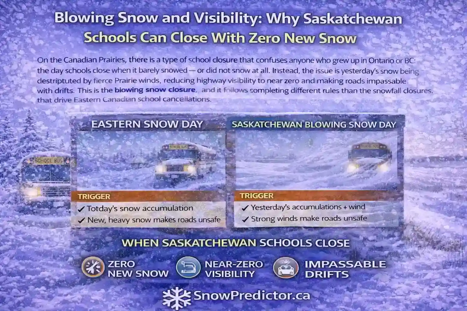 Saskatchewan blowing snow closure graphic with school buses and visibility warning