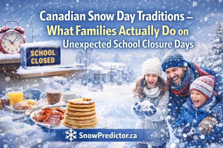 Canadian family enjoying breakfast and snow play on a school closure day