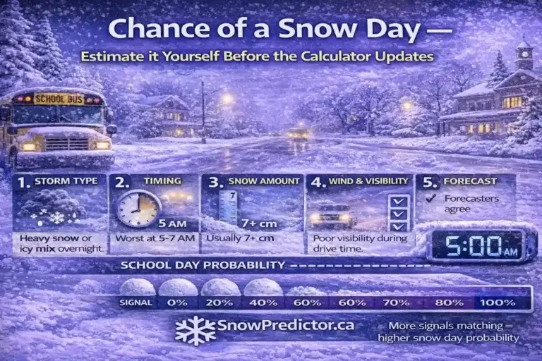 Chance of a snow day graphic with school bus and five forecast signals