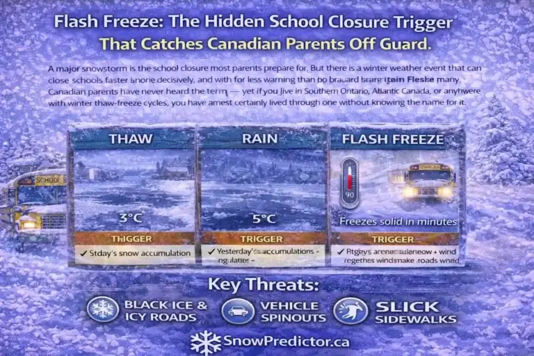 Flash freeze school closure graphic with thaw rain freeze panels and icy road warnings