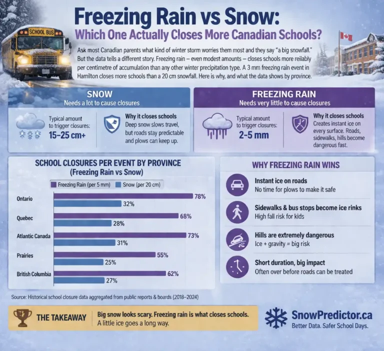 Freezing rain vs snow school closure graphic comparing which closes more Canadian schools