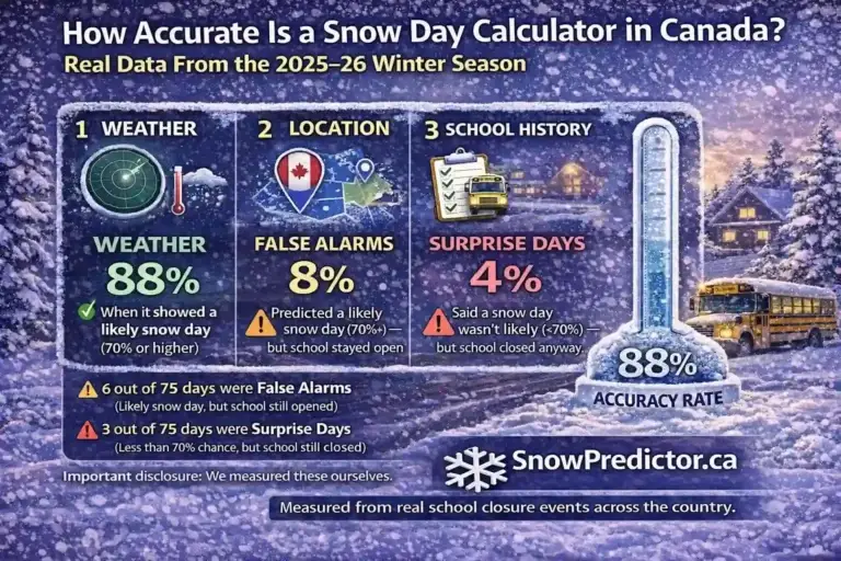 Snow day calculator accuracy graphic with 2025–26 results and school bus