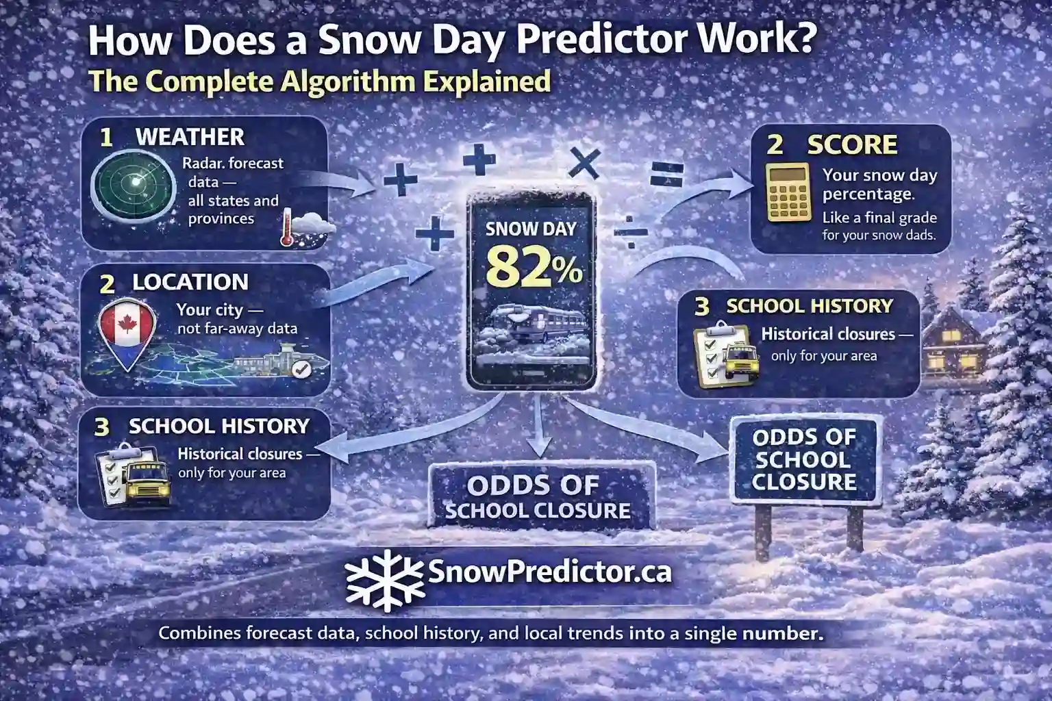 Snow day predictor algorithm graphic with inputs and final score