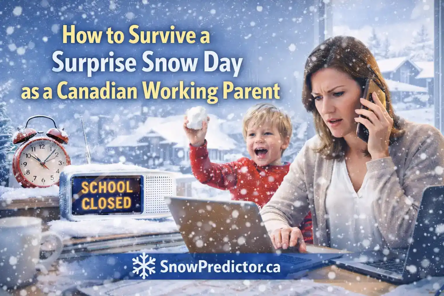 Canadian working parent at home during a surprise snow day with child