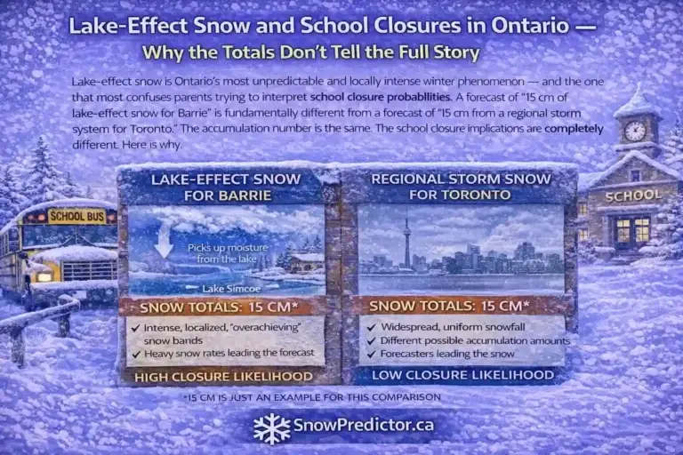Lake-effect snow closure comparison graphic for Barrie and Toronto