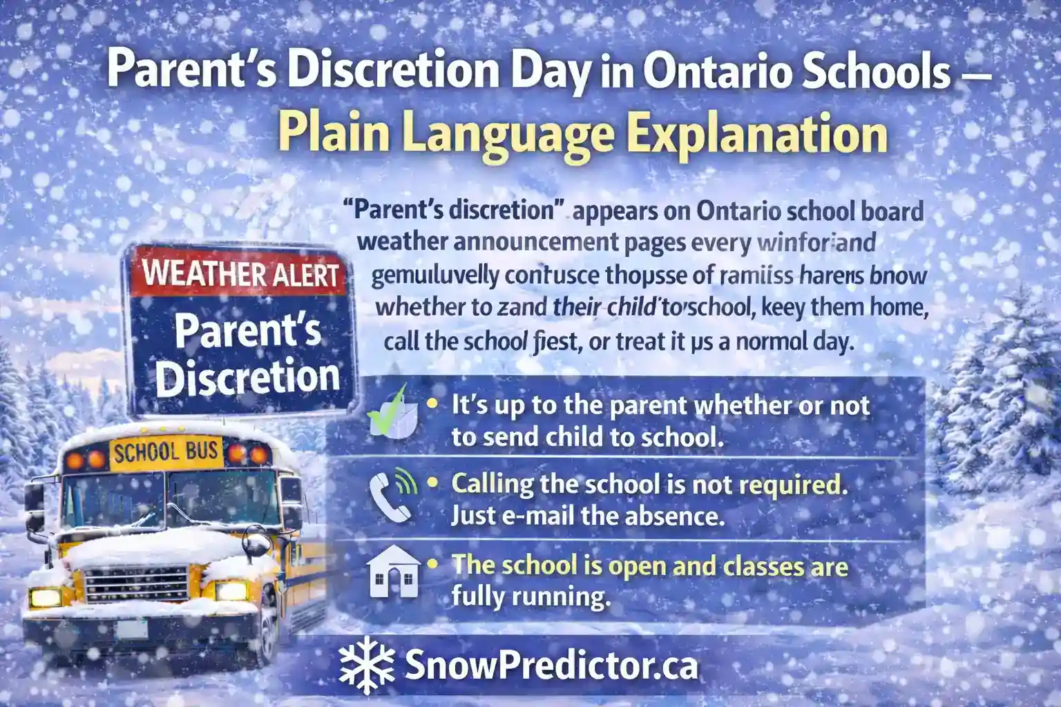 Parent’s discretion day graphic with school bus and Ontario weather alert explanation