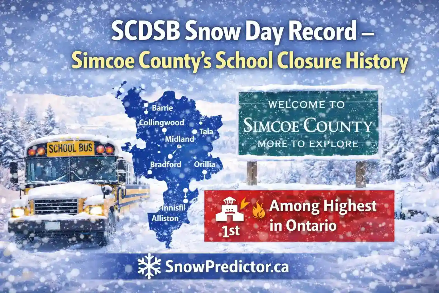 Simcoe County school closure history graphic with school bus and SCDSB title