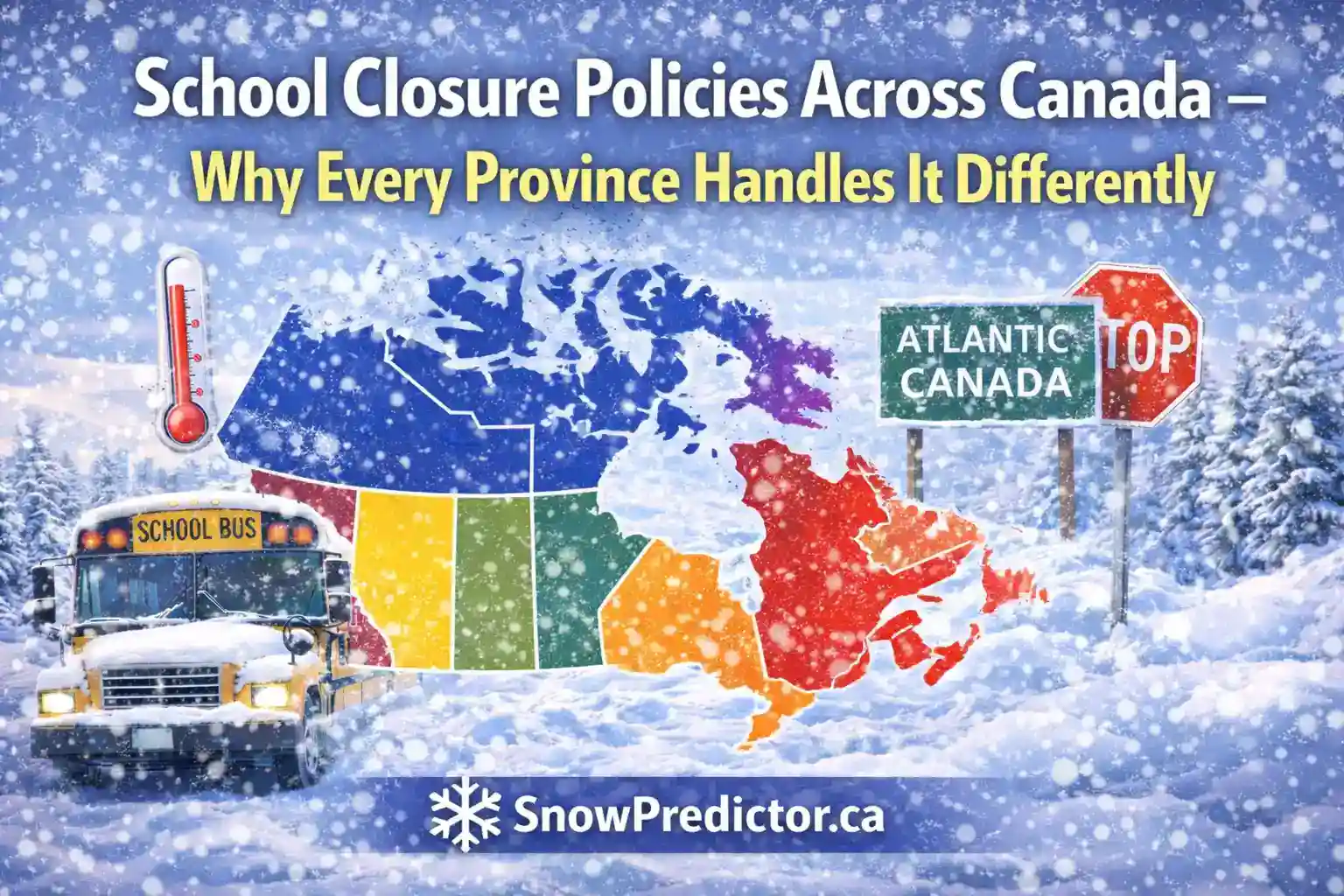 Canada school closure policies graphic with province map and school bus