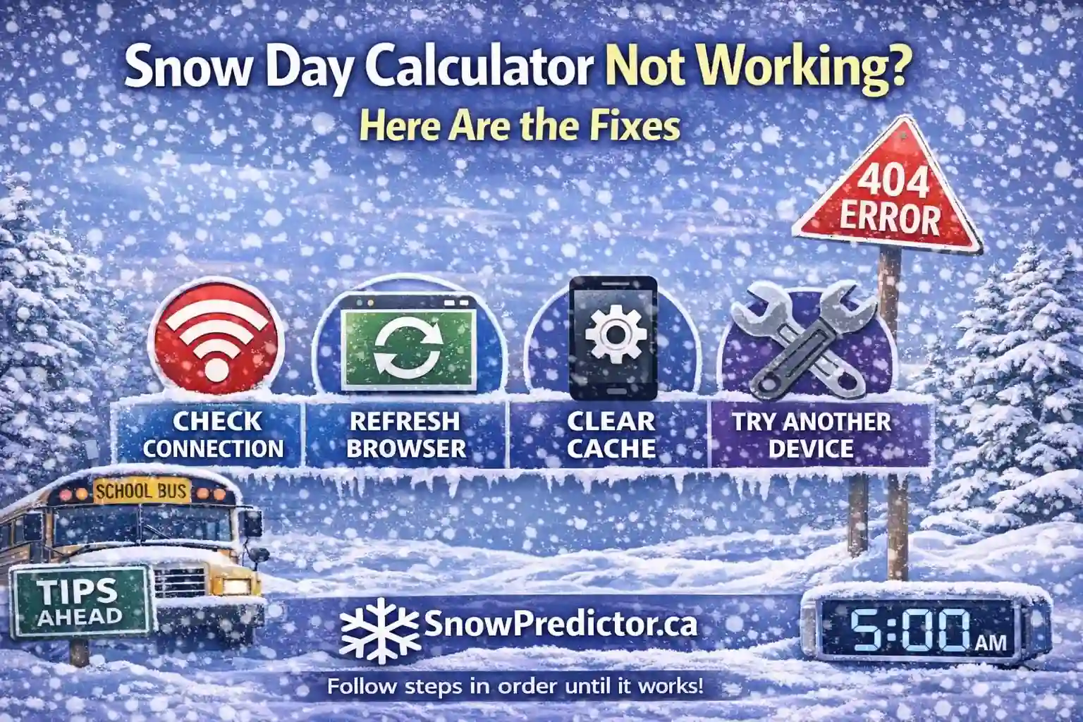 Snow day calculator troubleshooting graphic with school bus and fix steps