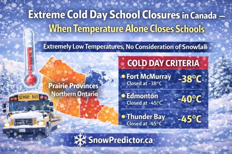 Extreme cold school closure graphic with thermometer and school bus