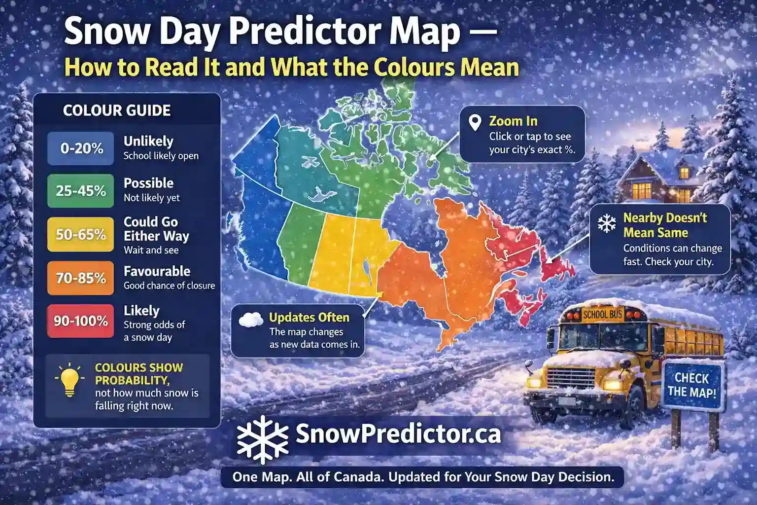 Snow day predictor map graphic with Canada colour guide