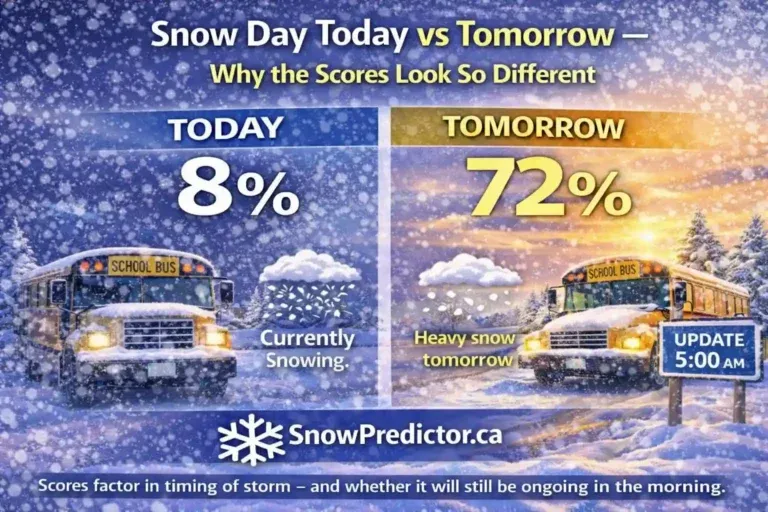 Snow day today vs tomorrow graphic with forecast score comparison