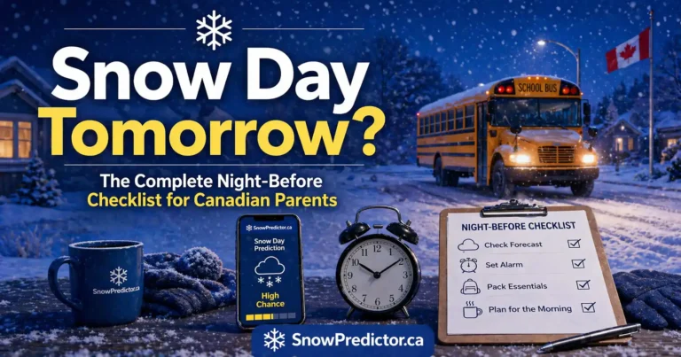 Snow day tomorrow checklist graphic with school bus and night-before planning tools