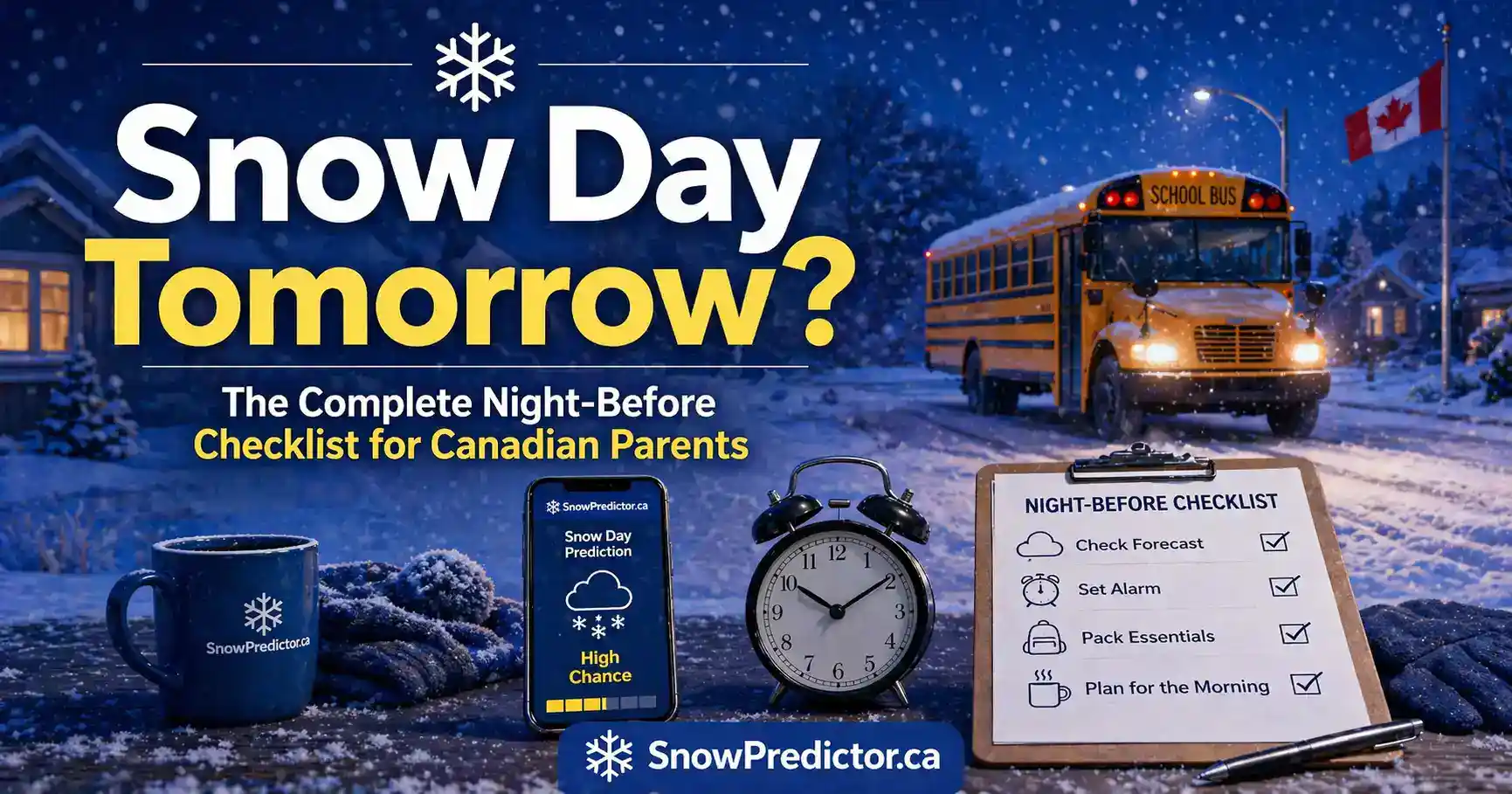 Snow day tomorrow checklist graphic with school bus and night-before planning tools