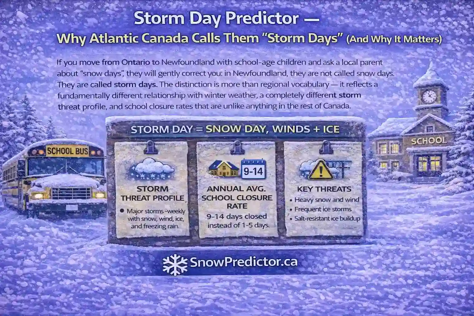 Storm day predictor graphic with school bus and Atlantic Canada storm day explanation