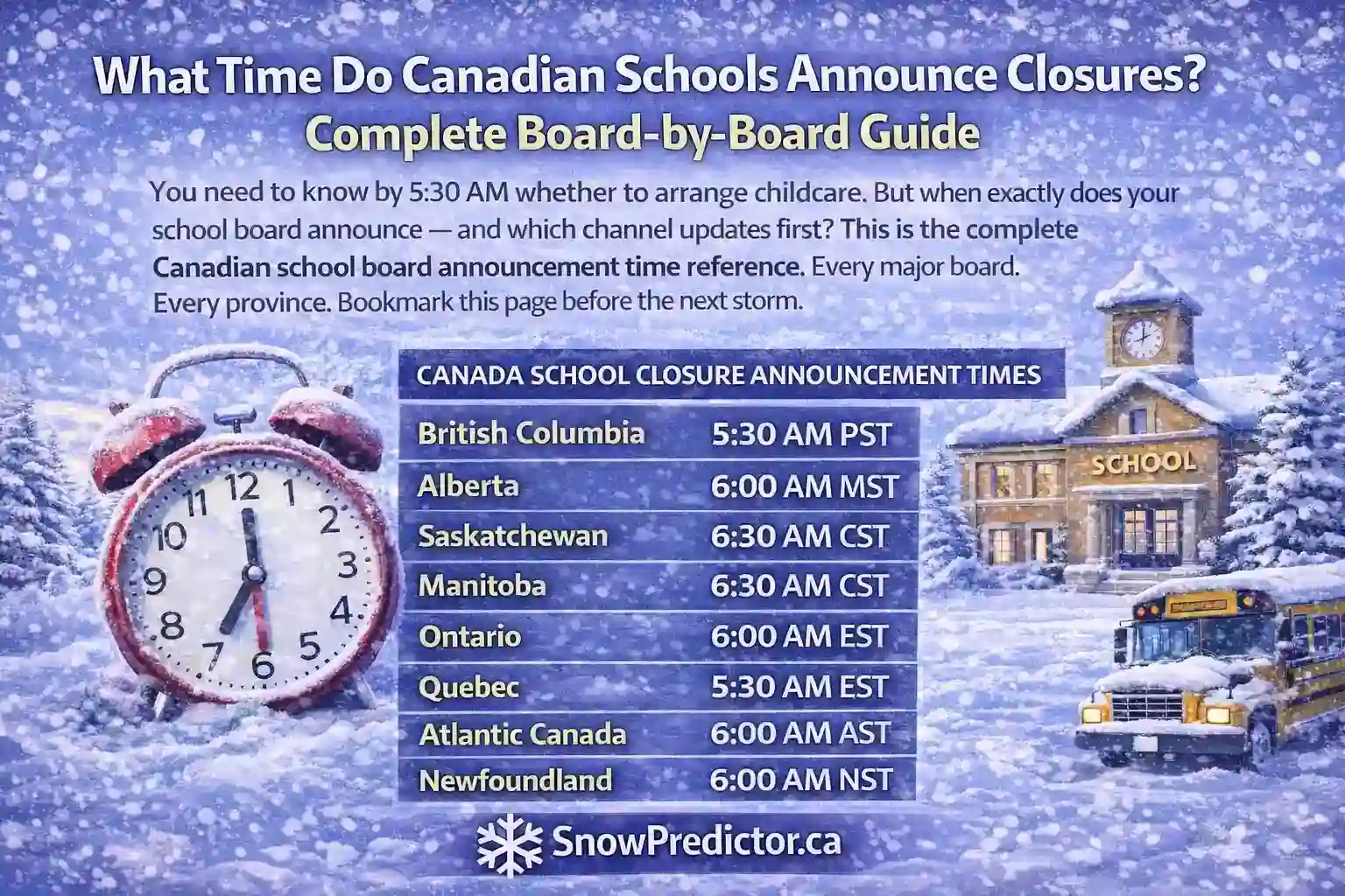 Canadian school closure timing guide with alarm clock and school bus