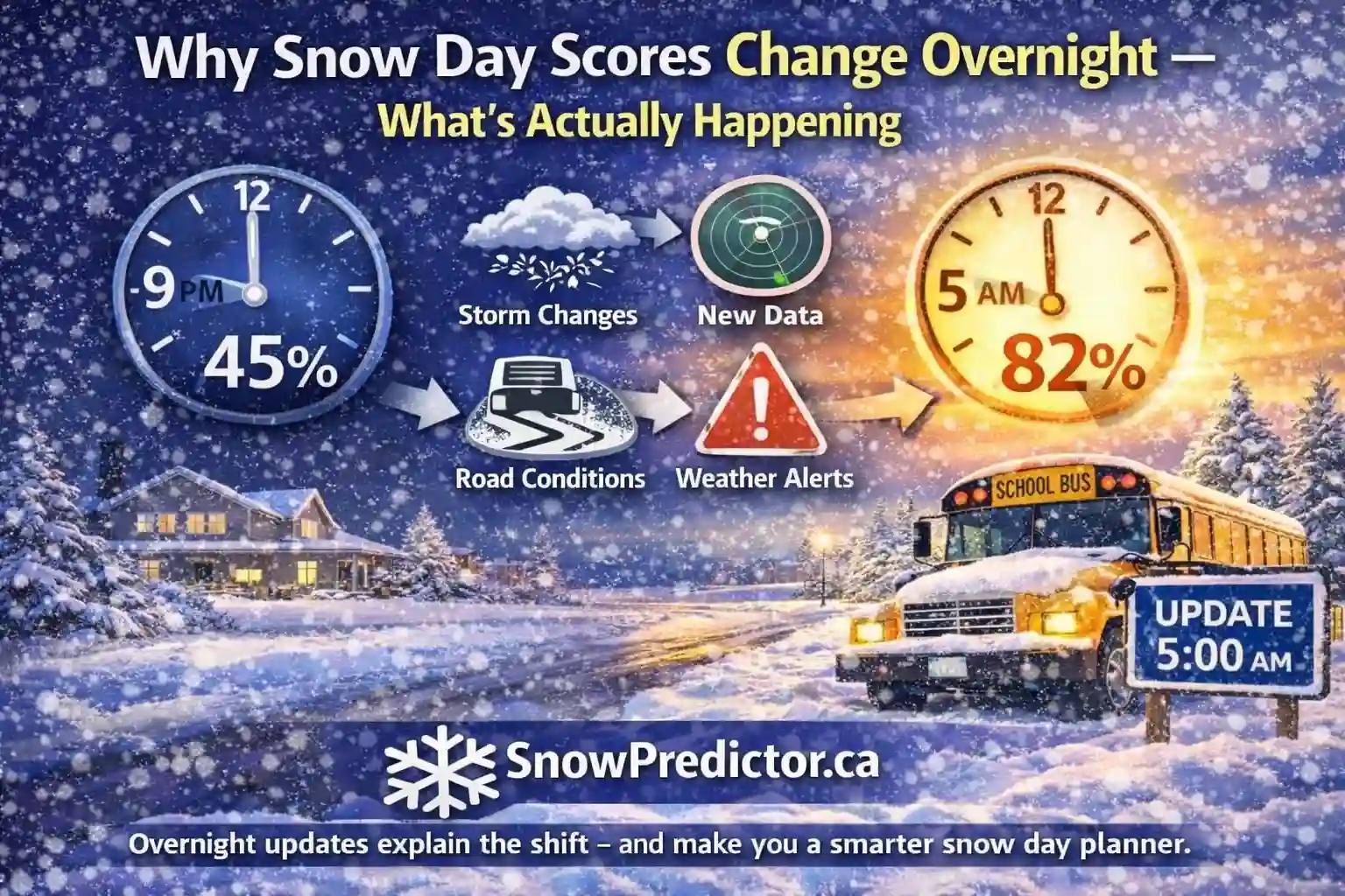 Snow day score change graphic with overnight forecast comparison