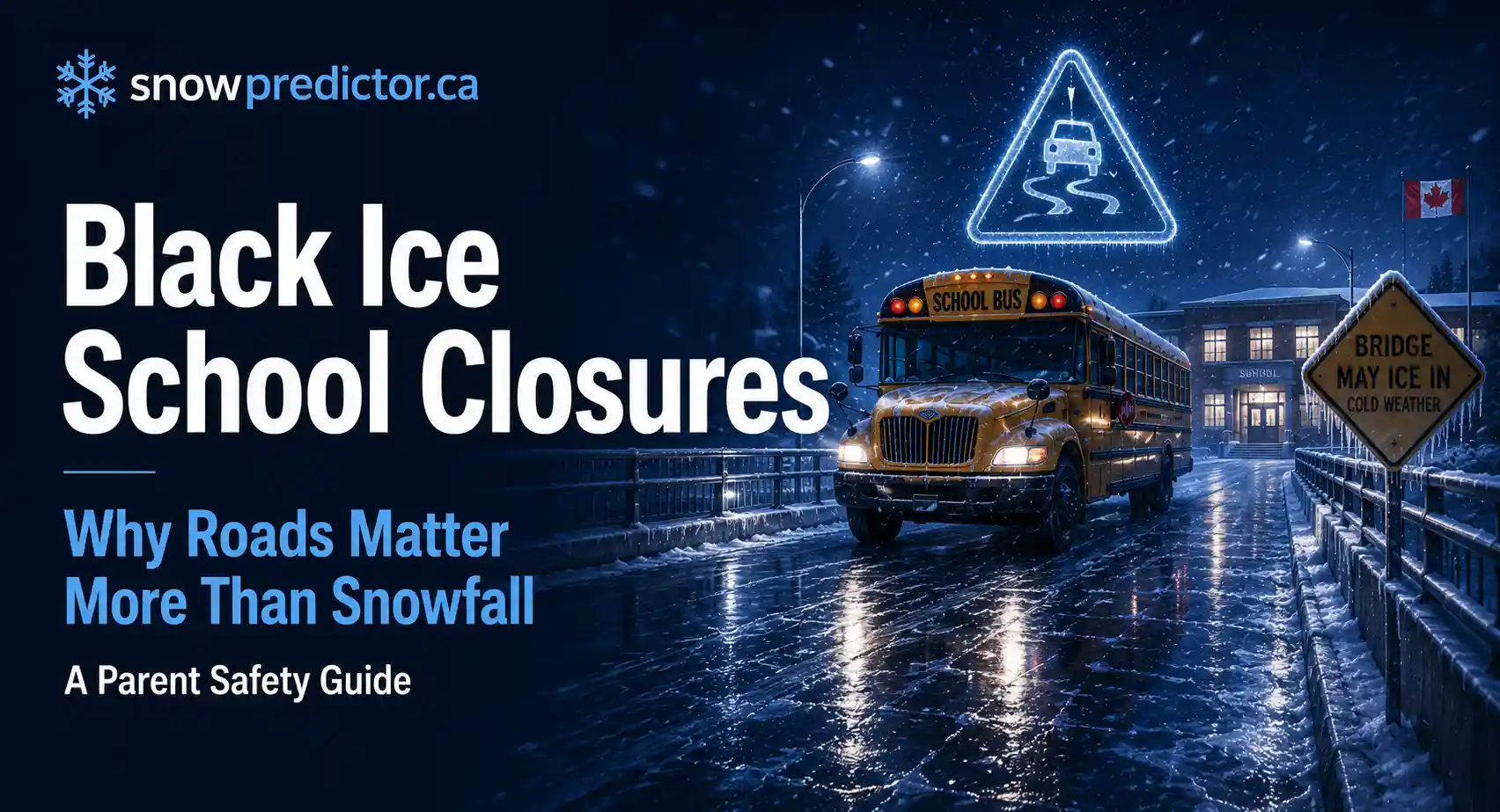 Black ice school closures in Canada with an icy bridge, school bus, slippery road warning sign, and hazardous winter road conditions affecting school travel.
