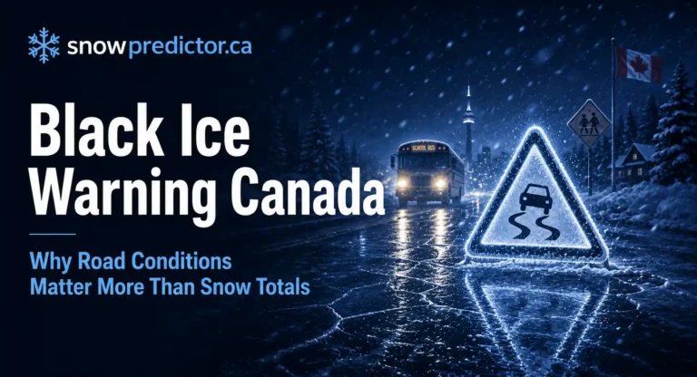 Black ice warning in Canada with an icy road, school bus, slippery road warning sign, and dangerous winter travel conditions affecting school routes.