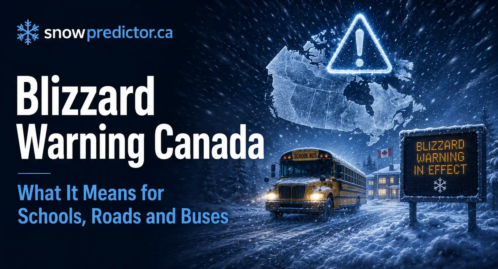 Blizzard warning Canada with a school bus, heavy blowing snow, reduced visibility, snowy roads, and school closure travel risks.