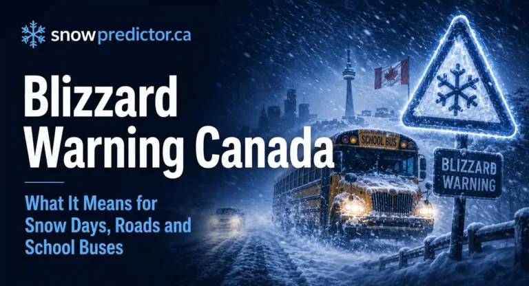 Blizzard warning in Canada with heavy blowing snow, a school bus, whiteout road conditions, and winter school travel safety risks.