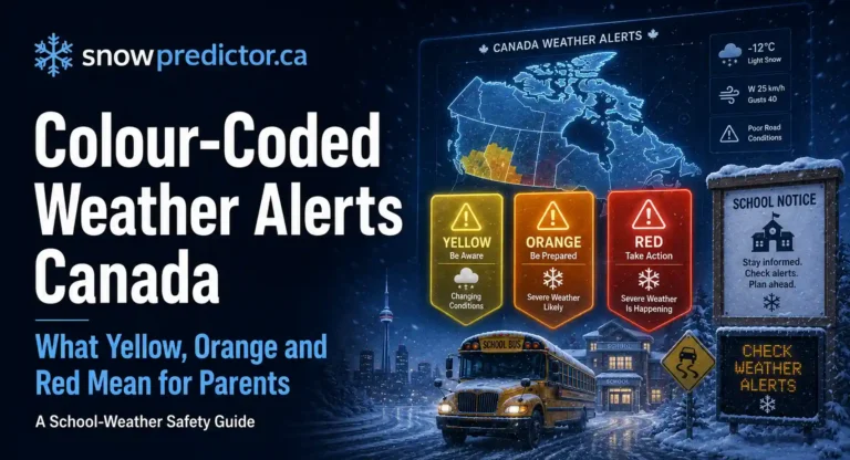 Colour-coded weather alerts in Canada showing yellow, orange and red warning levels, a school bus, winter roads, and school safety guidance for parents.