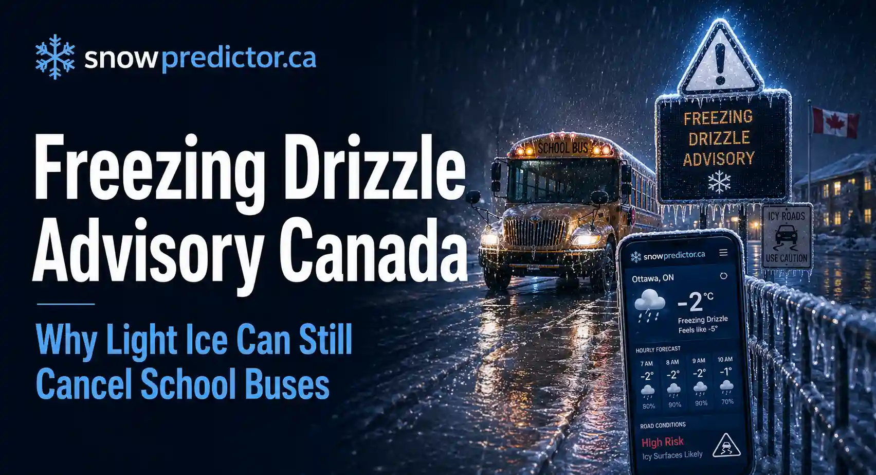 Freezing drizzle advisory in Canada with icy roads, a school bus, winter weather alert sign, and hazardous school transportation conditions.