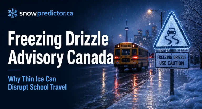 Freezing drizzle advisory in Canada with icy roads, school bus travel, slippery sidewalks, and warning signs for hazardous school travel conditions.