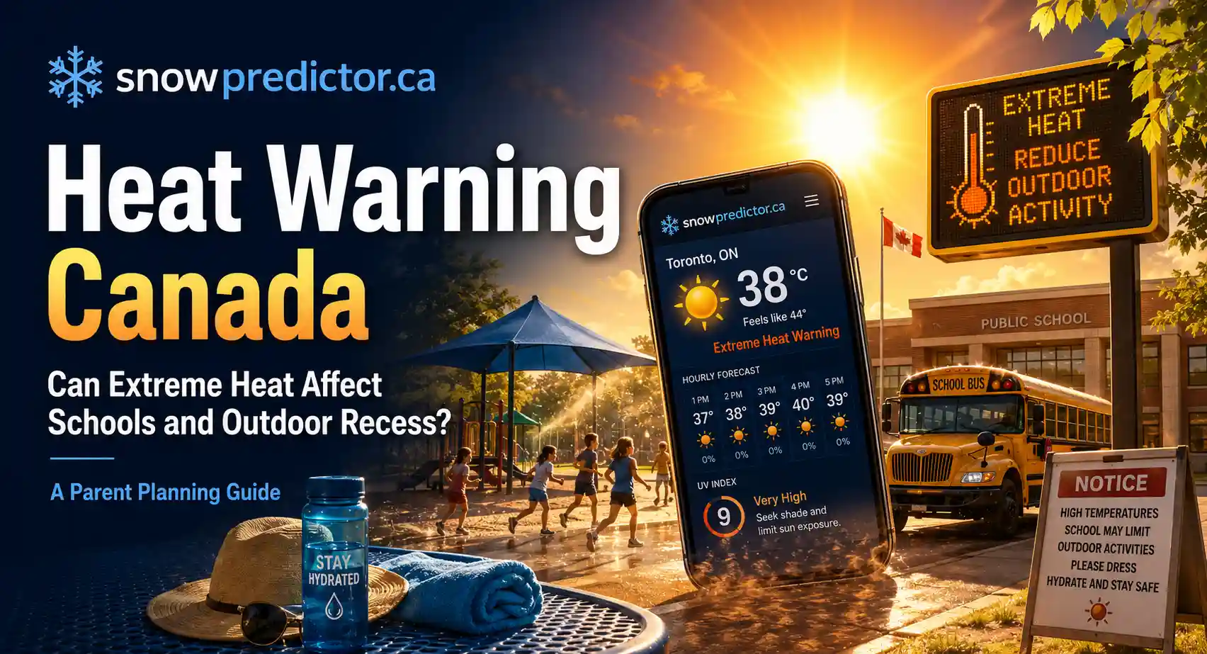 Heat warning in Canada with extreme temperatures, school bus, outdoor recess area, hydration bottle, and school safety guidance for hot weather.