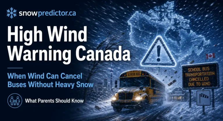 High wind warning in Canada with a school bus, strong crosswinds, blowing snow, warning signs, and school transportation cancellation risk.
