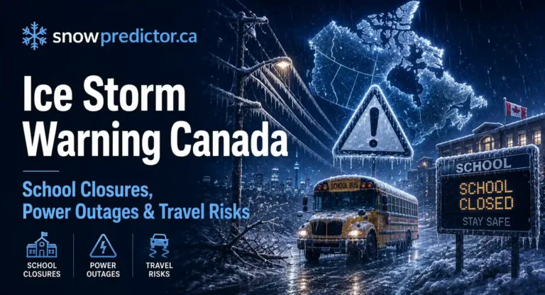 Ice storm warning Canada with school closures, power outages, icy roads, school bus, warning sign, and severe winter travel conditions.
