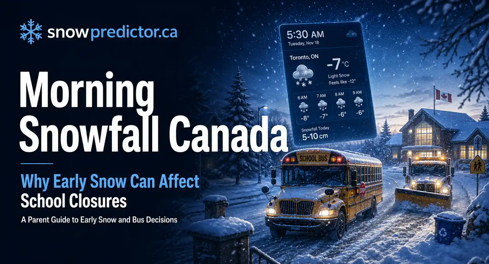 Morning snowfall in Canada with a school bus, snowplow, snow-covered roads, and early snow conditions affecting school closures and transportation.