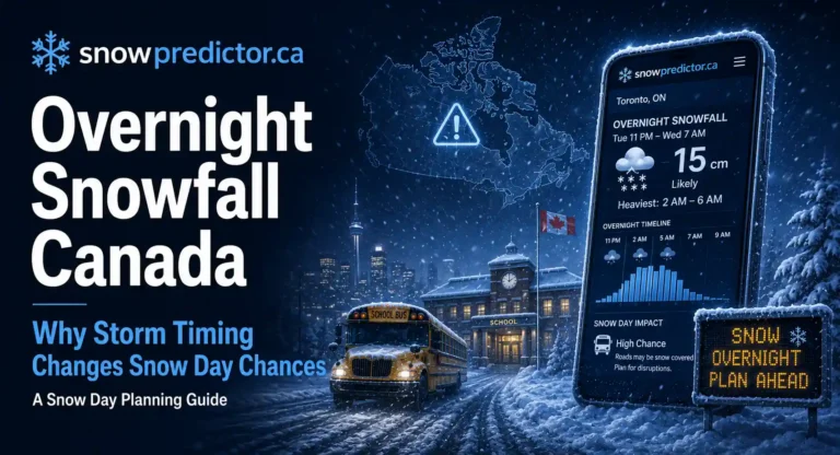 Overnight snowfall in Canada with a school bus, snow-covered roads, overnight snow forecast, and storm timing affecting snow day chances.