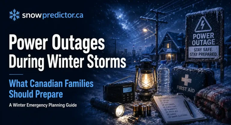 Power outages during winter storms in Canada with emergency supplies, lantern, first aid kit, snowy homes, and winter power lines.