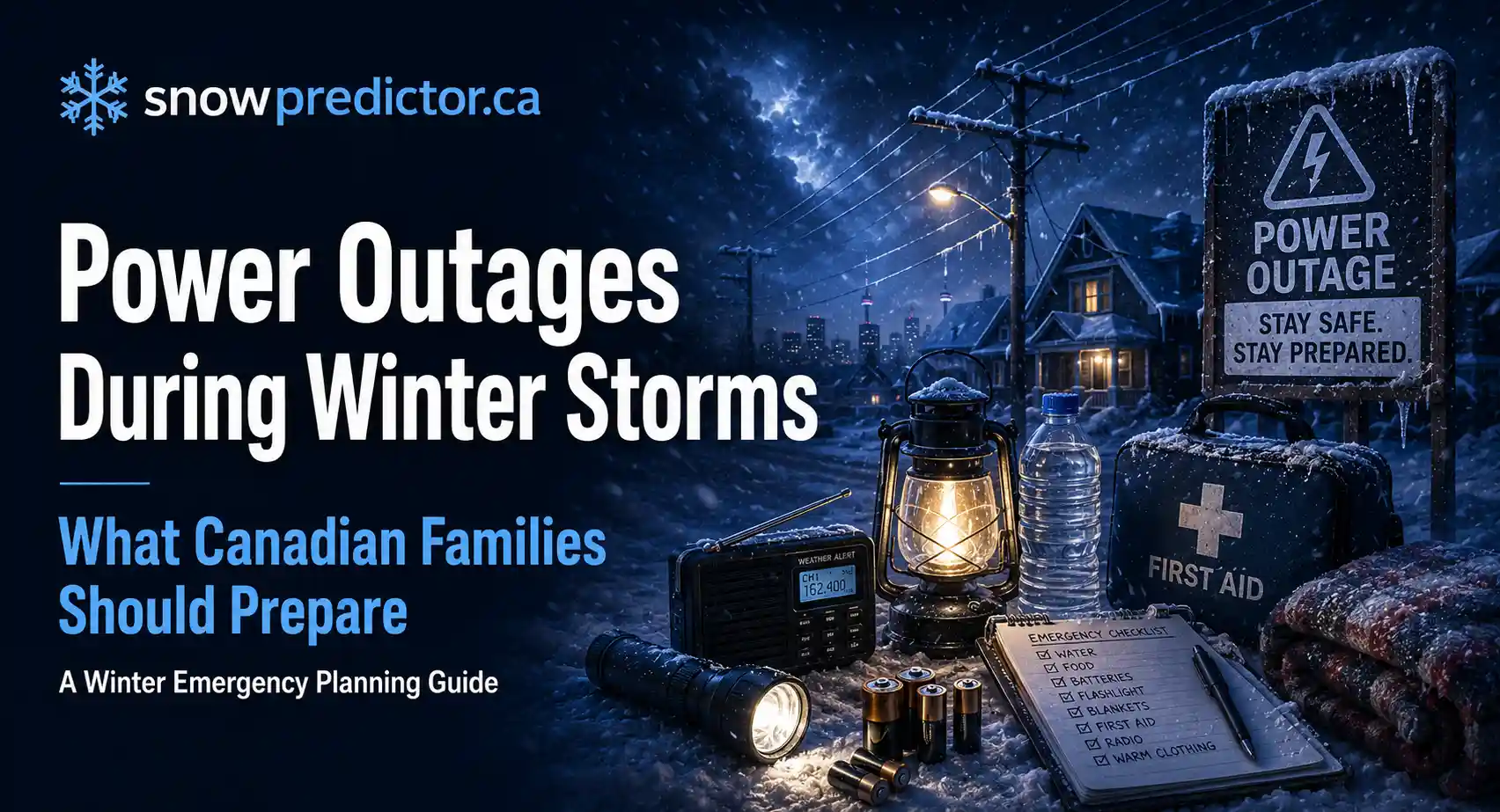 Power outages during winter storms in Canada with emergency supplies, lantern, first aid kit, snowy homes, and winter power lines.