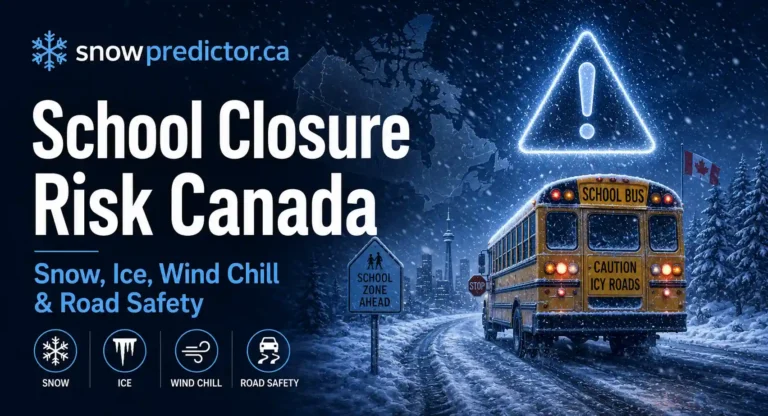School closure risk in Canada with snow, ice, wind chill, icy roads, and a school bus showing winter weather conditions that can affect school closures.
