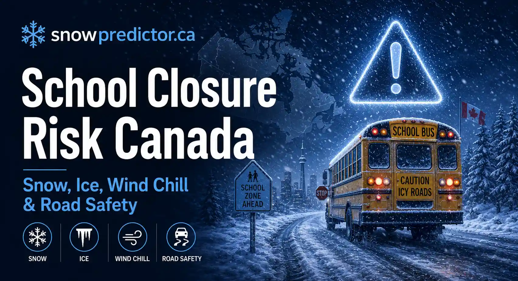School closure risk in Canada with snow, ice, wind chill, icy roads, and a school bus showing winter weather conditions that can affect school closures.