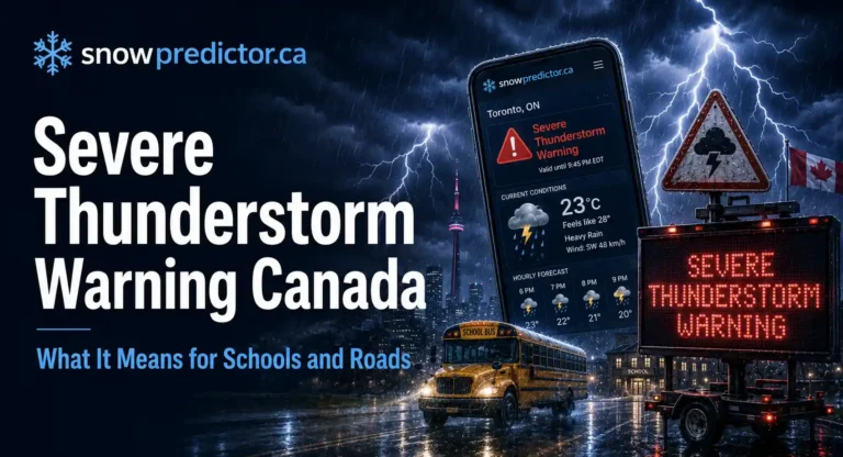 Severe thunderstorm warning in Canada with lightning, heavy rain, a school bus, storm alert screen, and school travel safety risks.