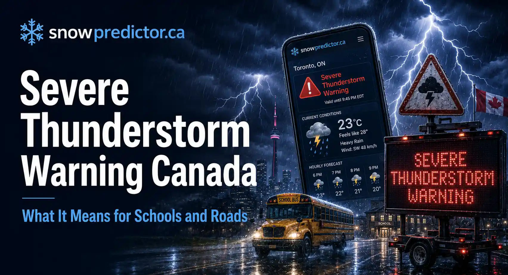 Severe thunderstorm warning in Canada with lightning, heavy rain, a school bus, storm alert screen, and school travel safety risks.