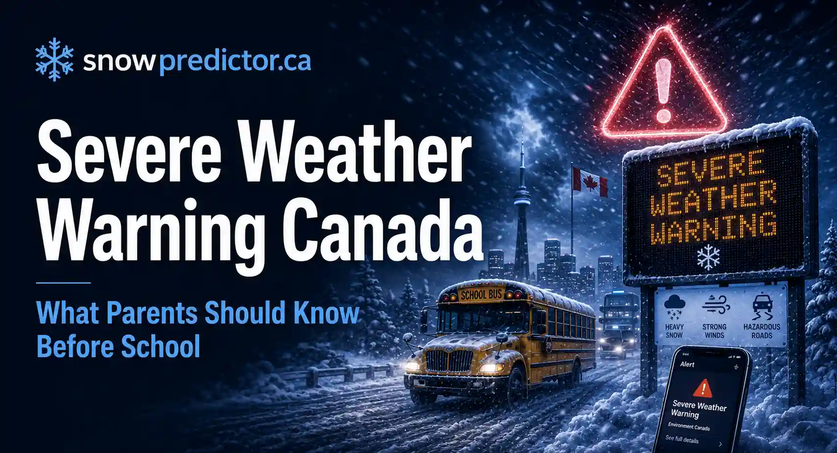 Severe weather warning in Canada with school bus travel, winter hazards, warning signs, and school closure safety risks for parents and students.