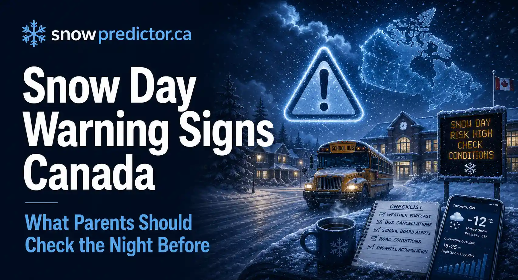 Snow day warning signs in Canada with a school bus, snowy roads, weather alert symbol, school closure risk notice, and night-before planning checklist for parents.