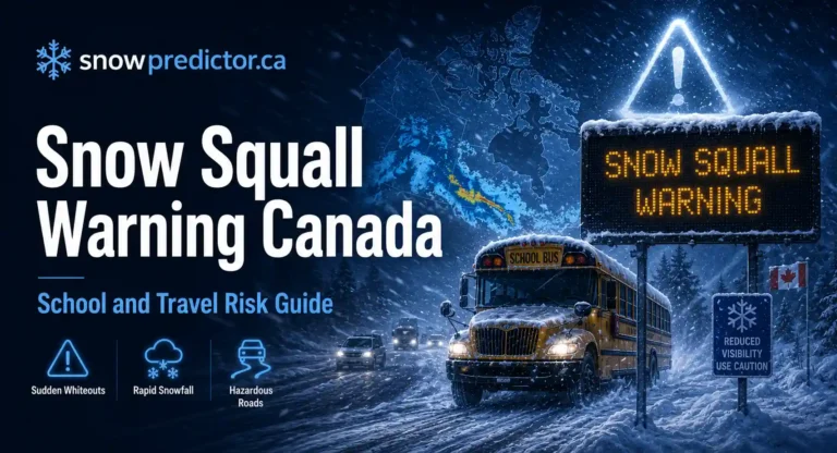 Snow squall warning Canada with a school bus, sudden whiteout conditions, rapid snowfall, hazardous roads, and reduced visibility warning signs.