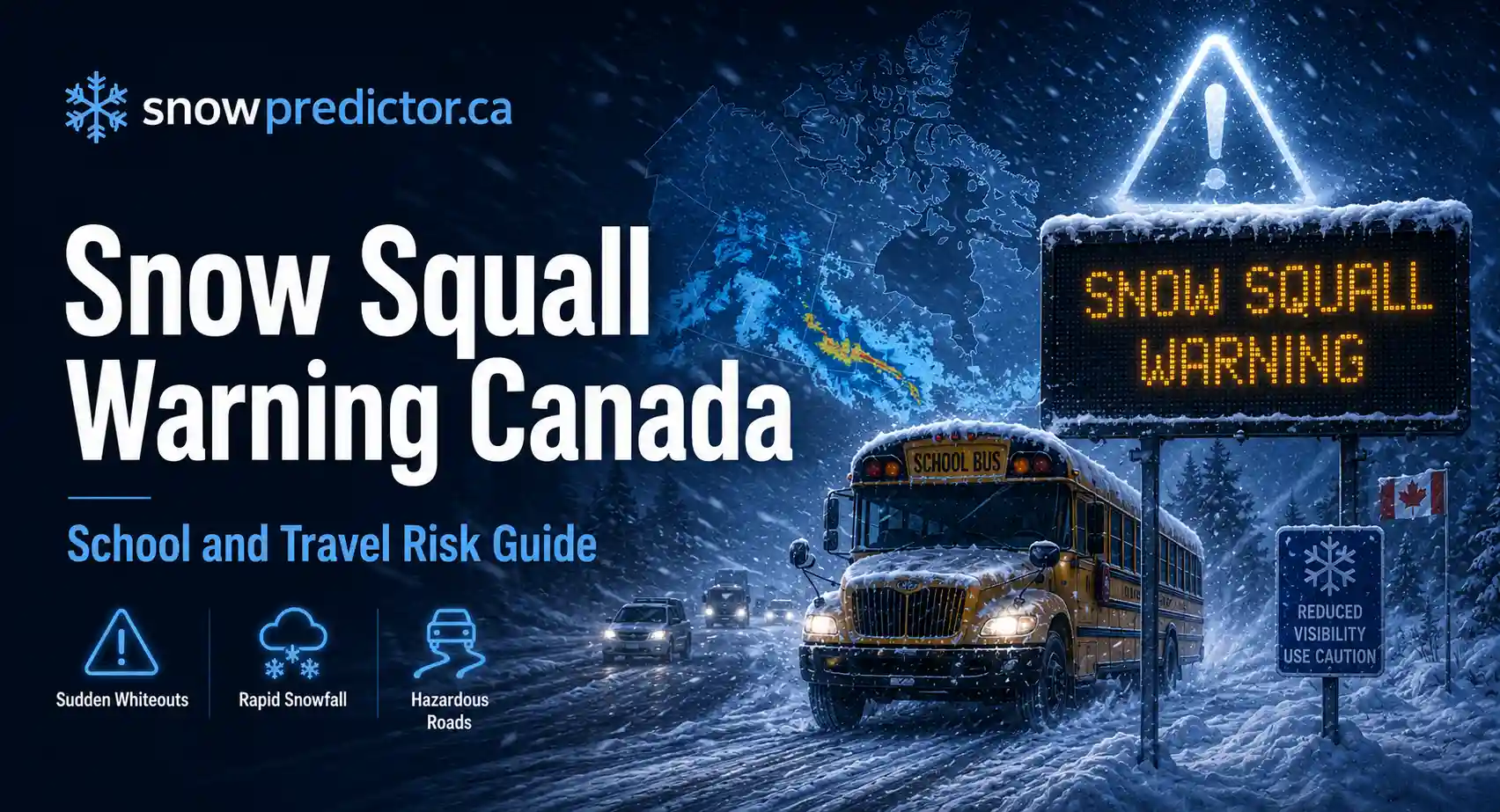 Snow squall warning Canada with a school bus, sudden whiteout conditions, rapid snowfall, hazardous roads, and reduced visibility warning signs.