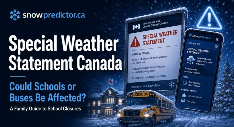 Special Weather Statement Canada with a school bus, snowy school, weather alert notice, and winter conditions that may affect school closures and buses.